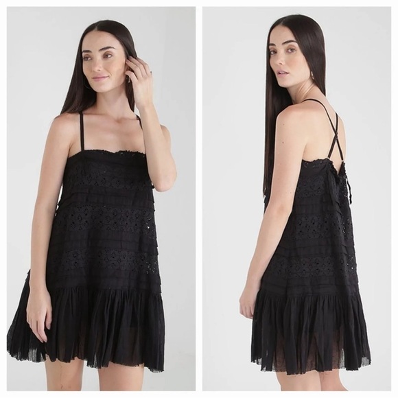 Free People Black Shailee slip mini dress with cami straps pleated hem sz Small - Picture 16 of 16